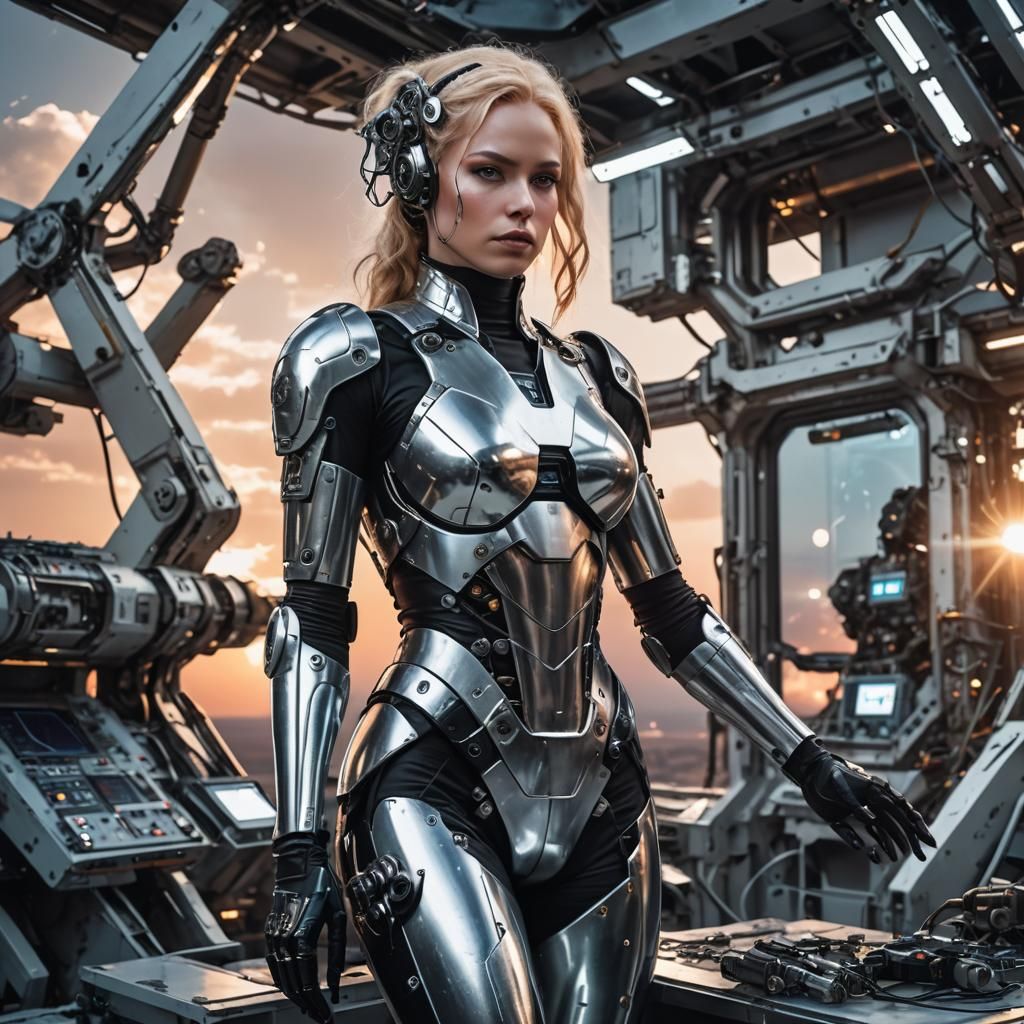 Android Woman at Work on Space Station