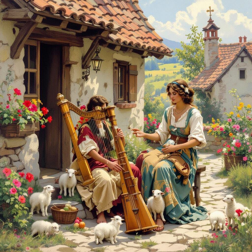 David Playing Harp in Pastoral Landscape