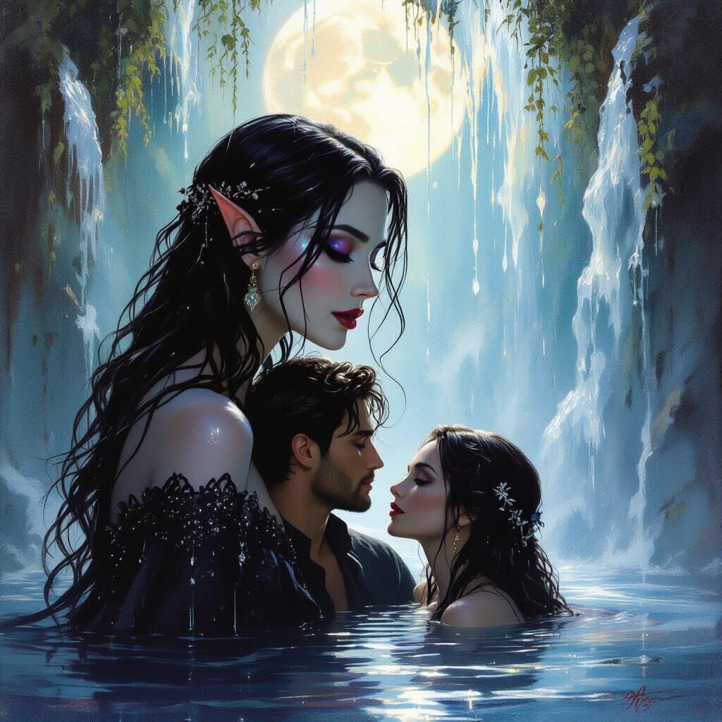 Surrealist Oil Painting of Bisexual Vampire and Lovers