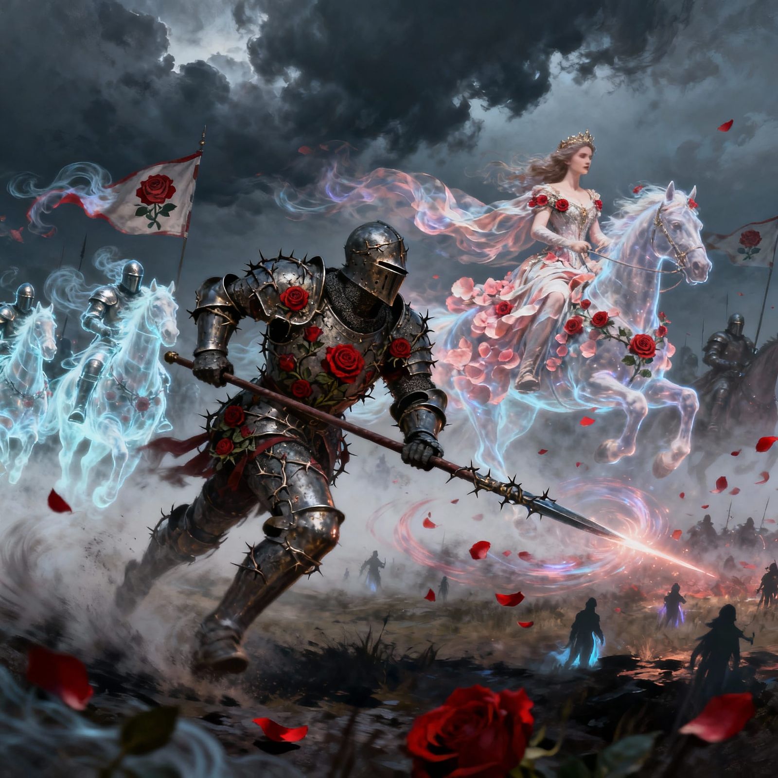 Gothic Knight Charges Queen of Roses on Misty Battlefield