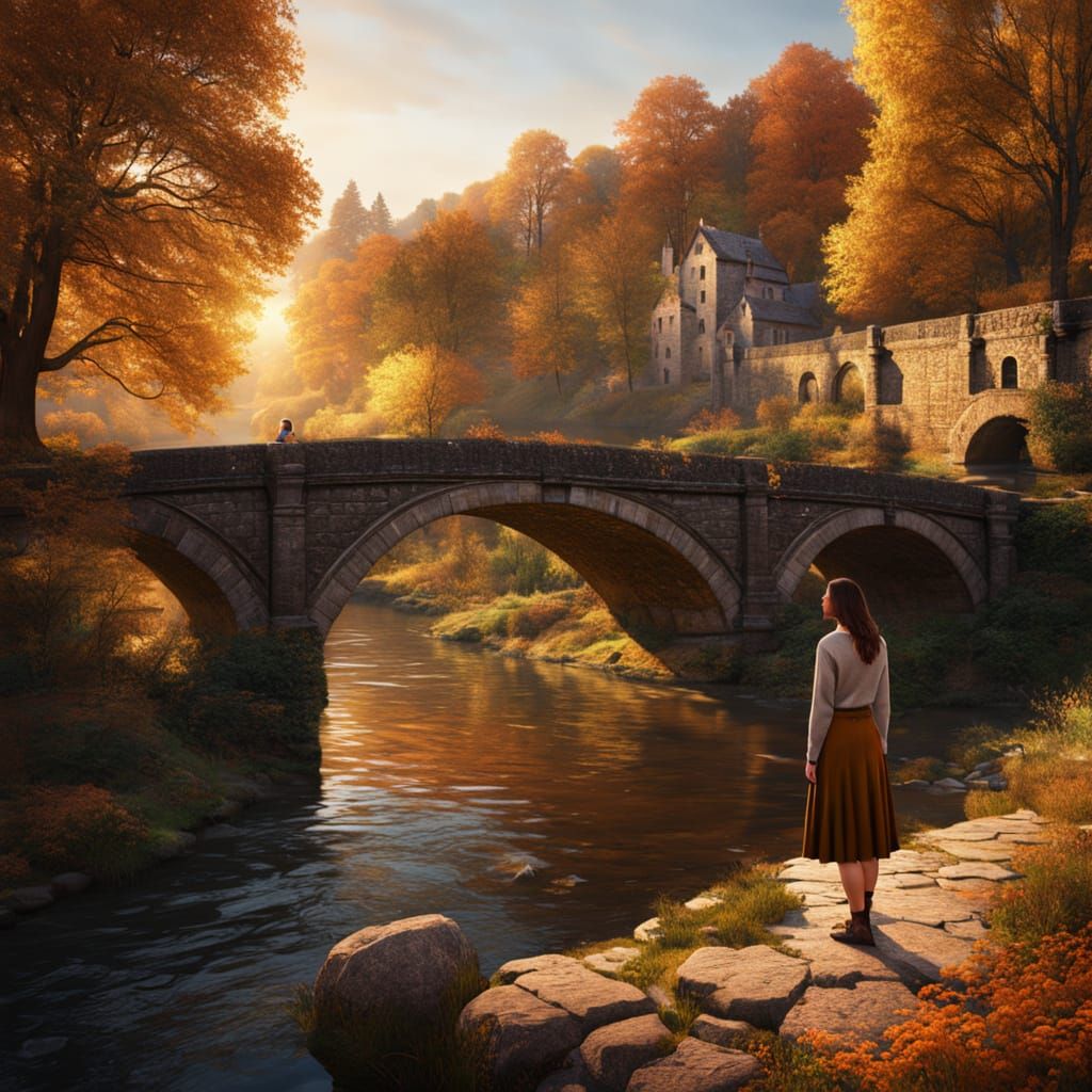 Autumn River Landscape with Young Woman
