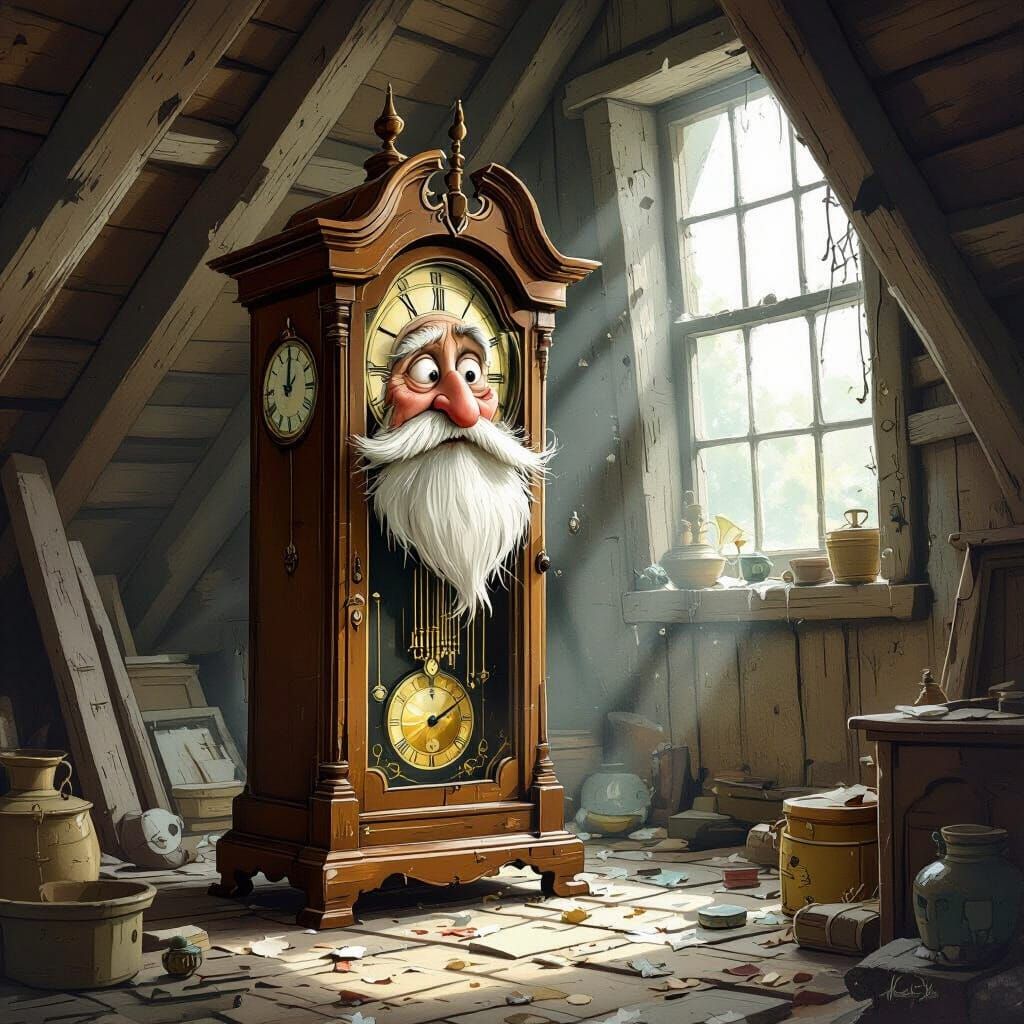Whimsical Grandfather Clock in Dusty Attic Storybook Art