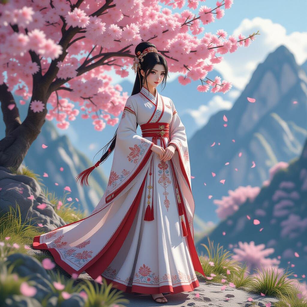 Chinese Woman in National Dress Among Cherry Blossoms