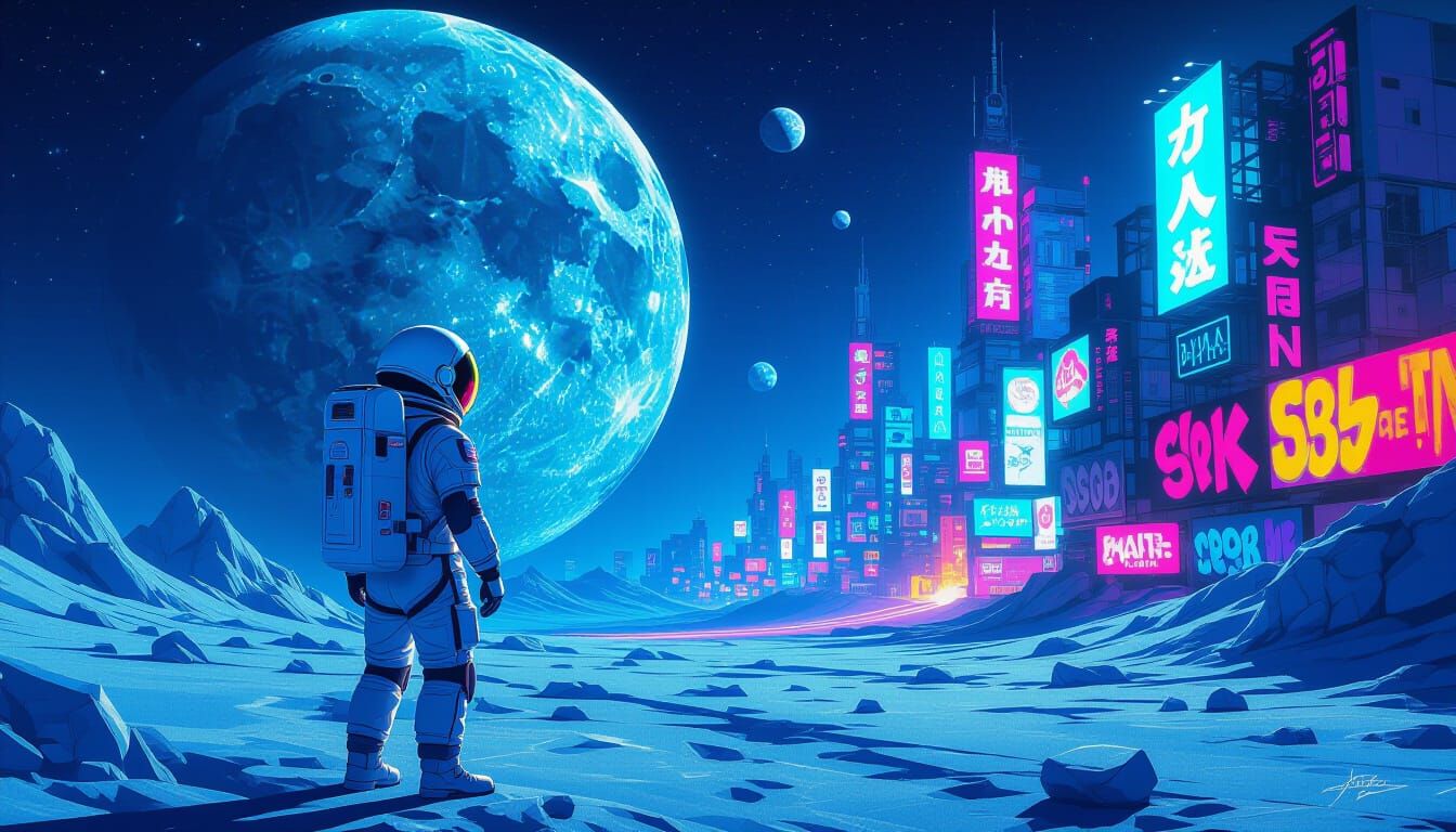 Astronaut on Silvery Moon Views Floating Futuristic Street