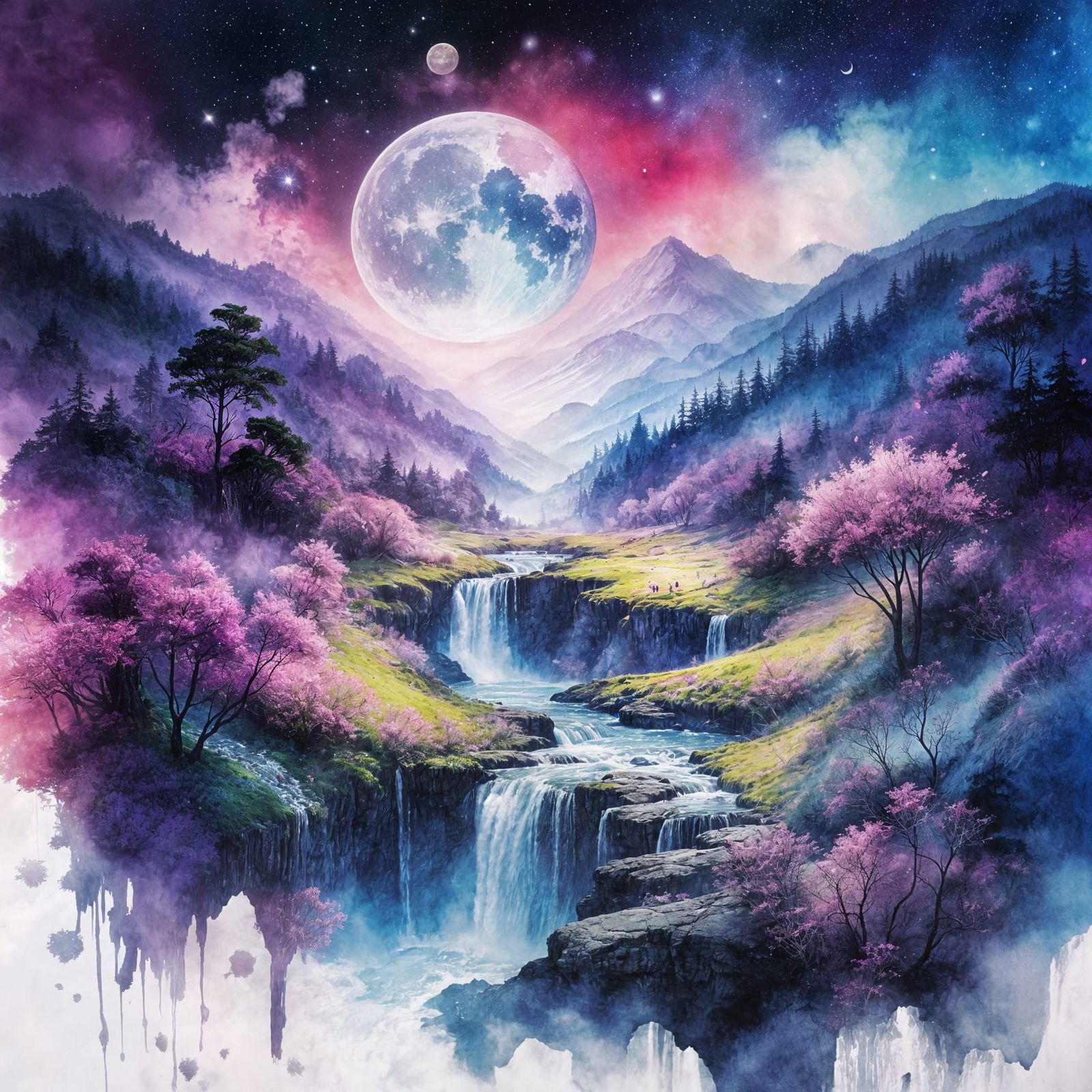 Vibrant Summer Landscape with Sparkling Moonlight
