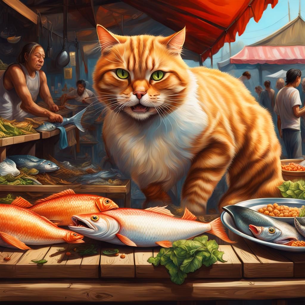 Greedy Cat Feasting on Fish: Hyperrealistic Market Scene