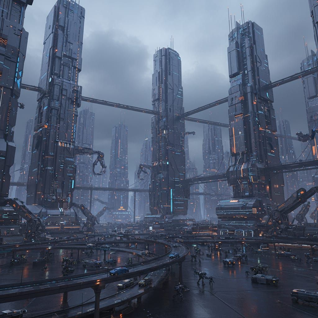 Futuristic Cityscape with Mech Details in Cinematic Style