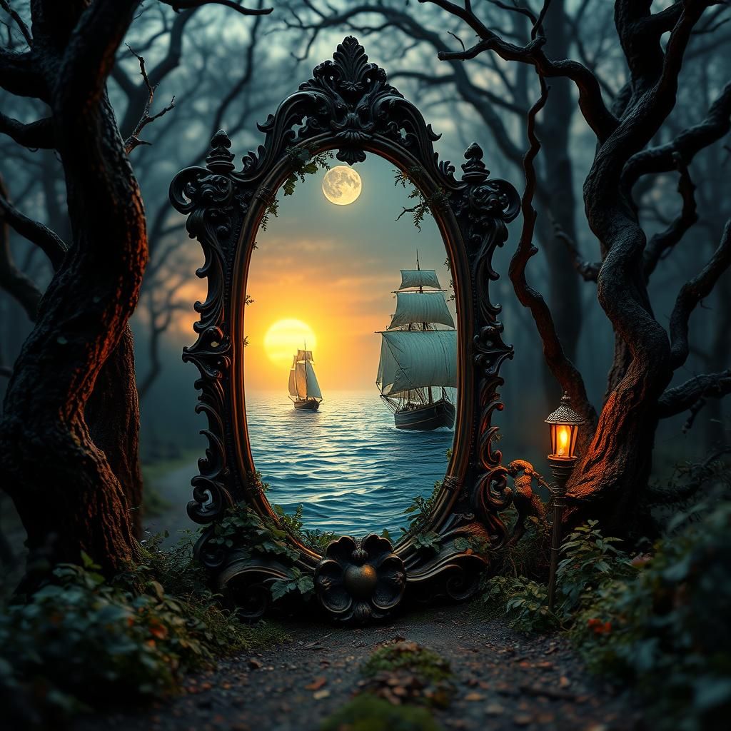Ornate Mirror Reflecting Seascape in Mystical Forest