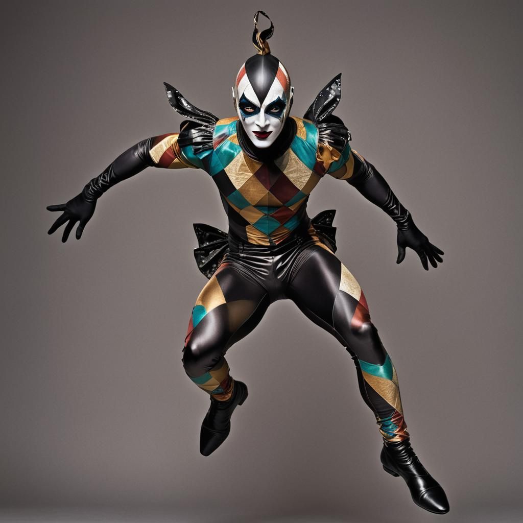 Iridescent Harlequin Leaping in Shadowy Theater