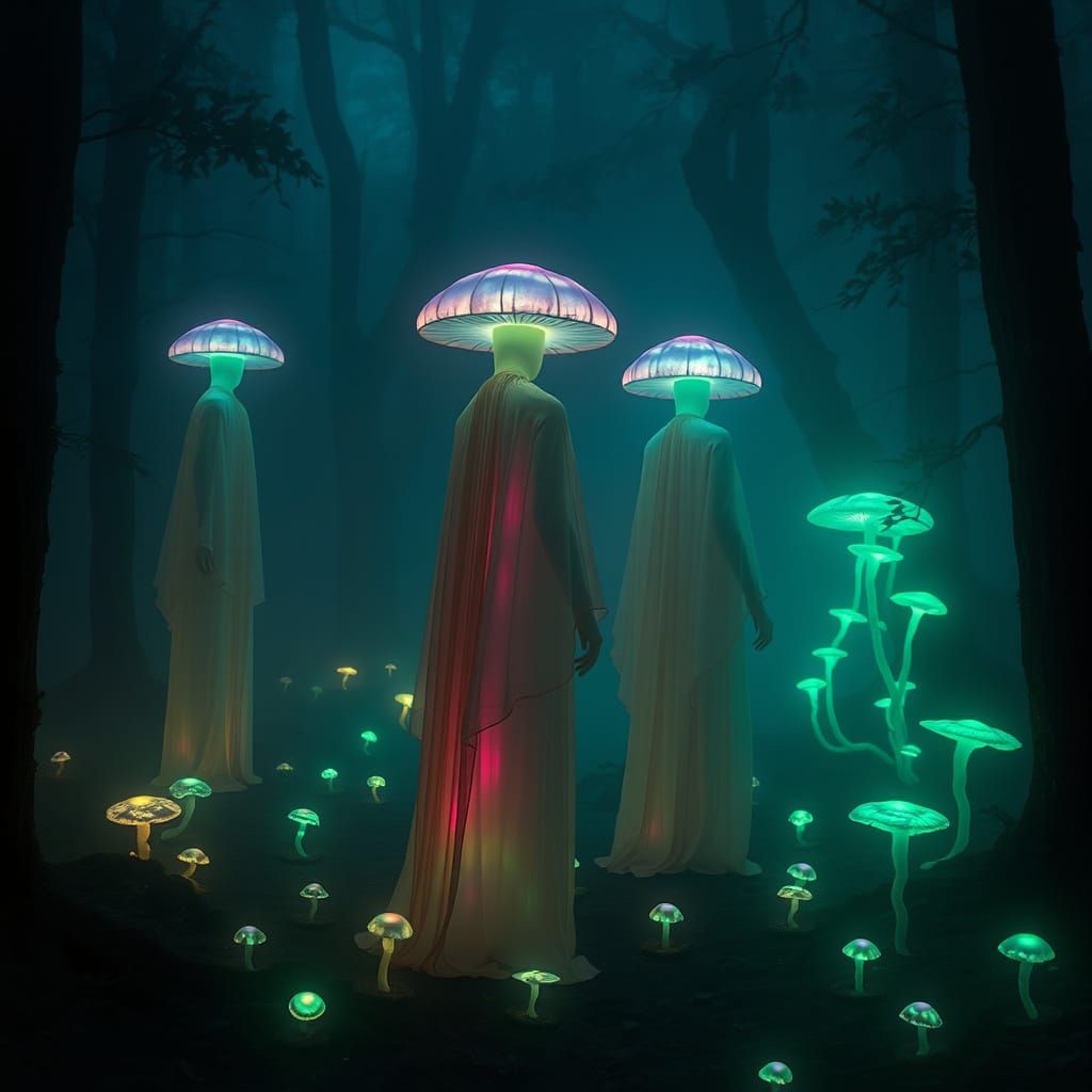 Ethereal Mushroom Humanoids in Primeval Forest