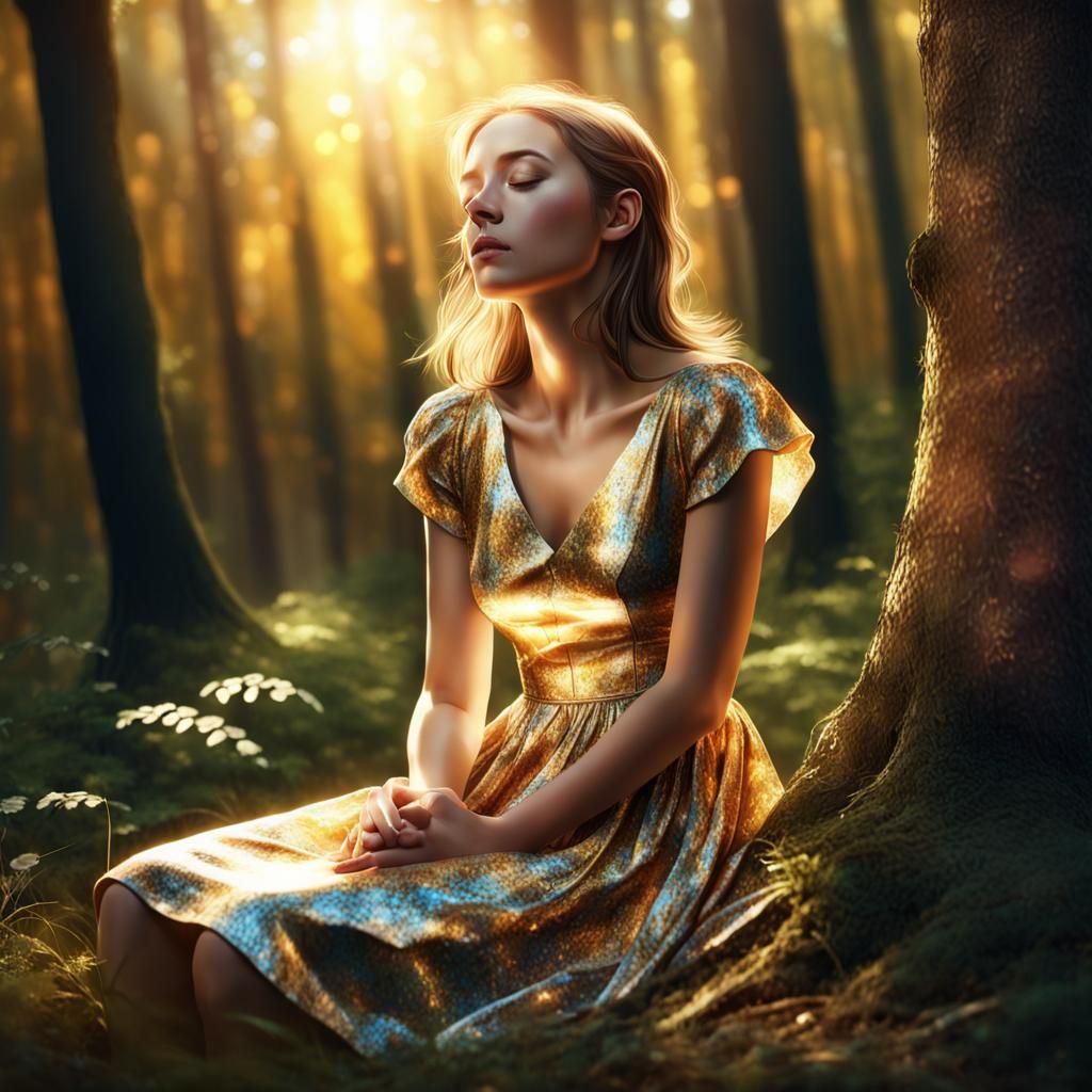 Girl Meditating in Forest with Golden Light