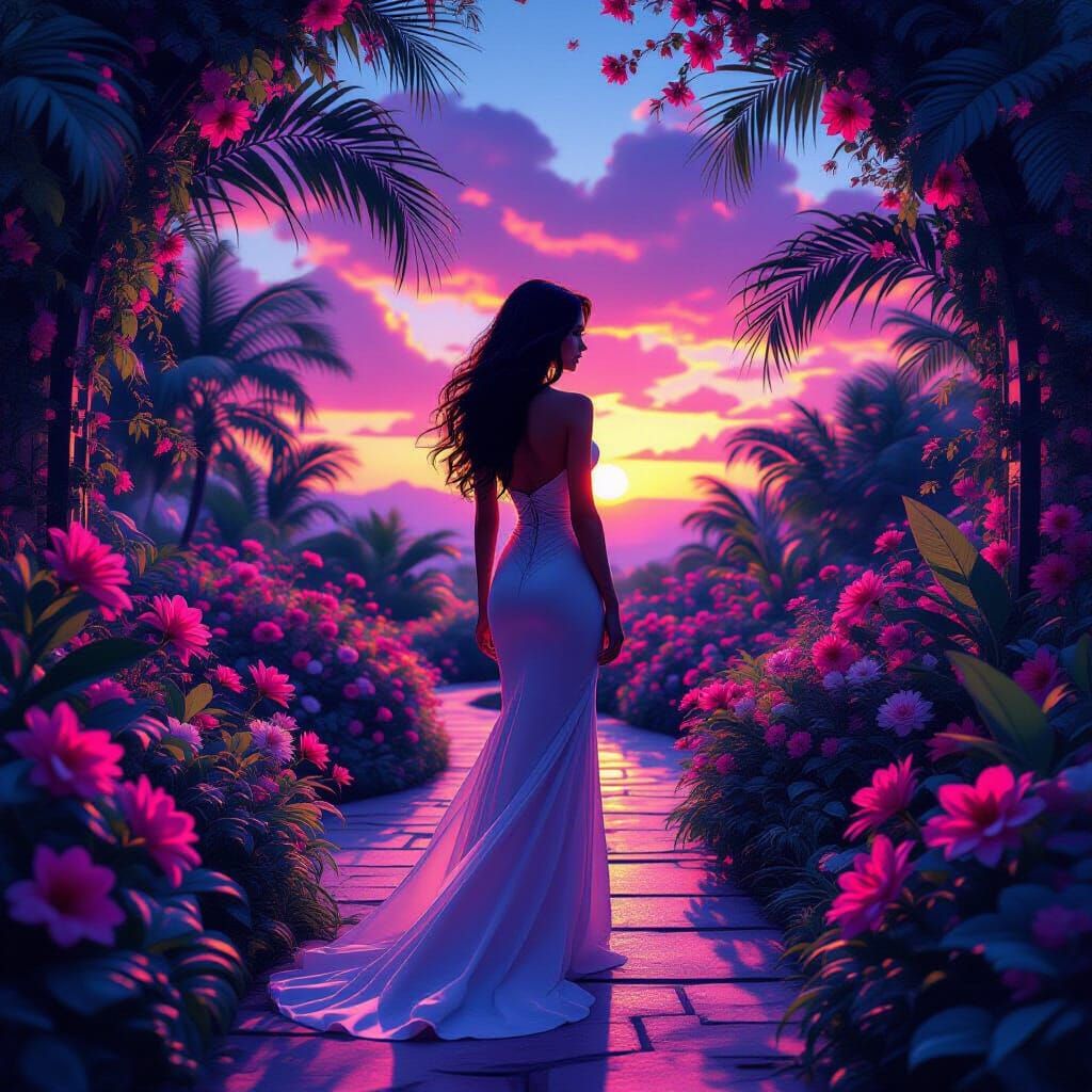 Synthwave Woman in Neon Garden at Digital Sunset