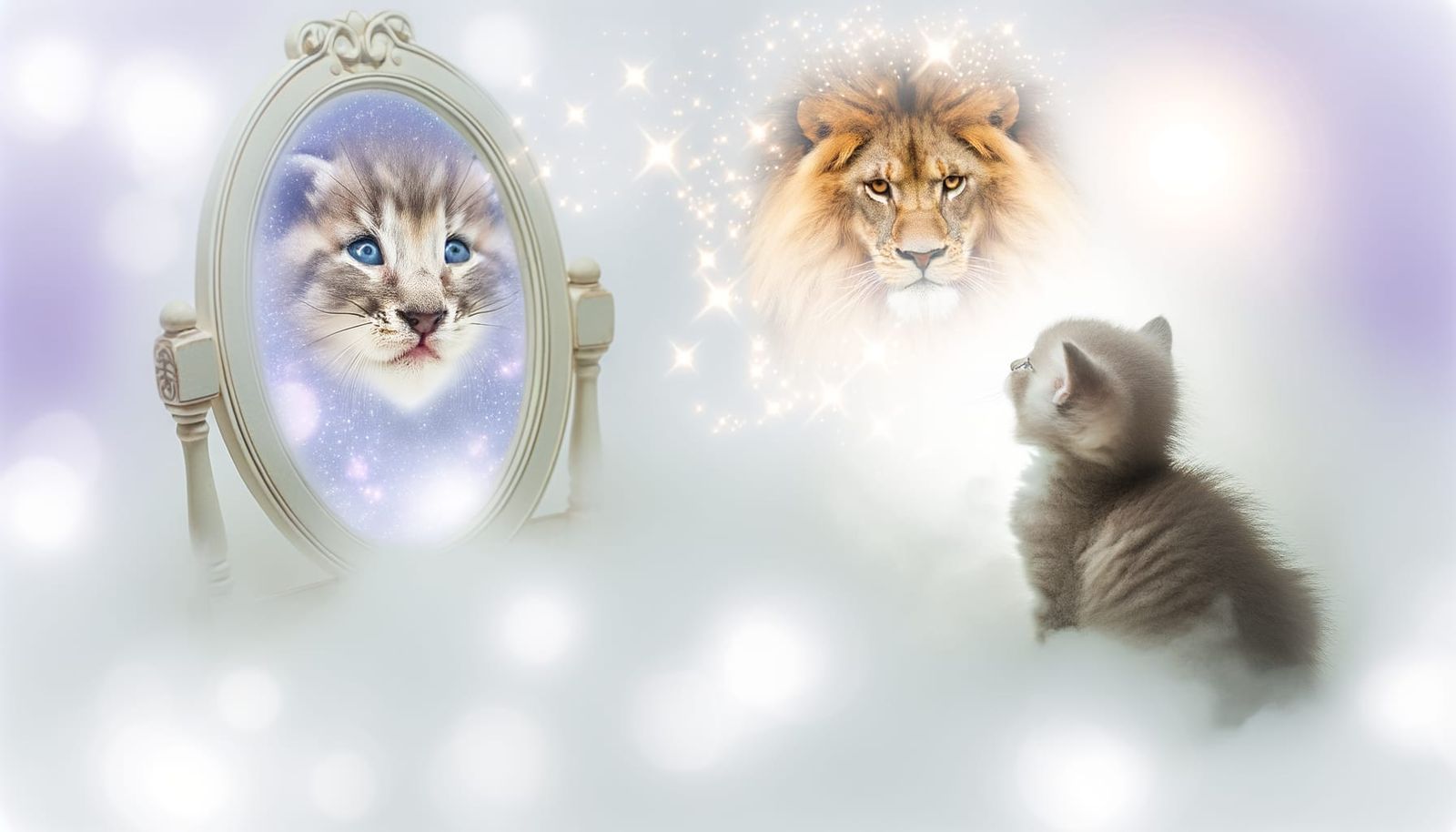 Kitten's Mirrored Lion: Dreamy Symbol of Strength