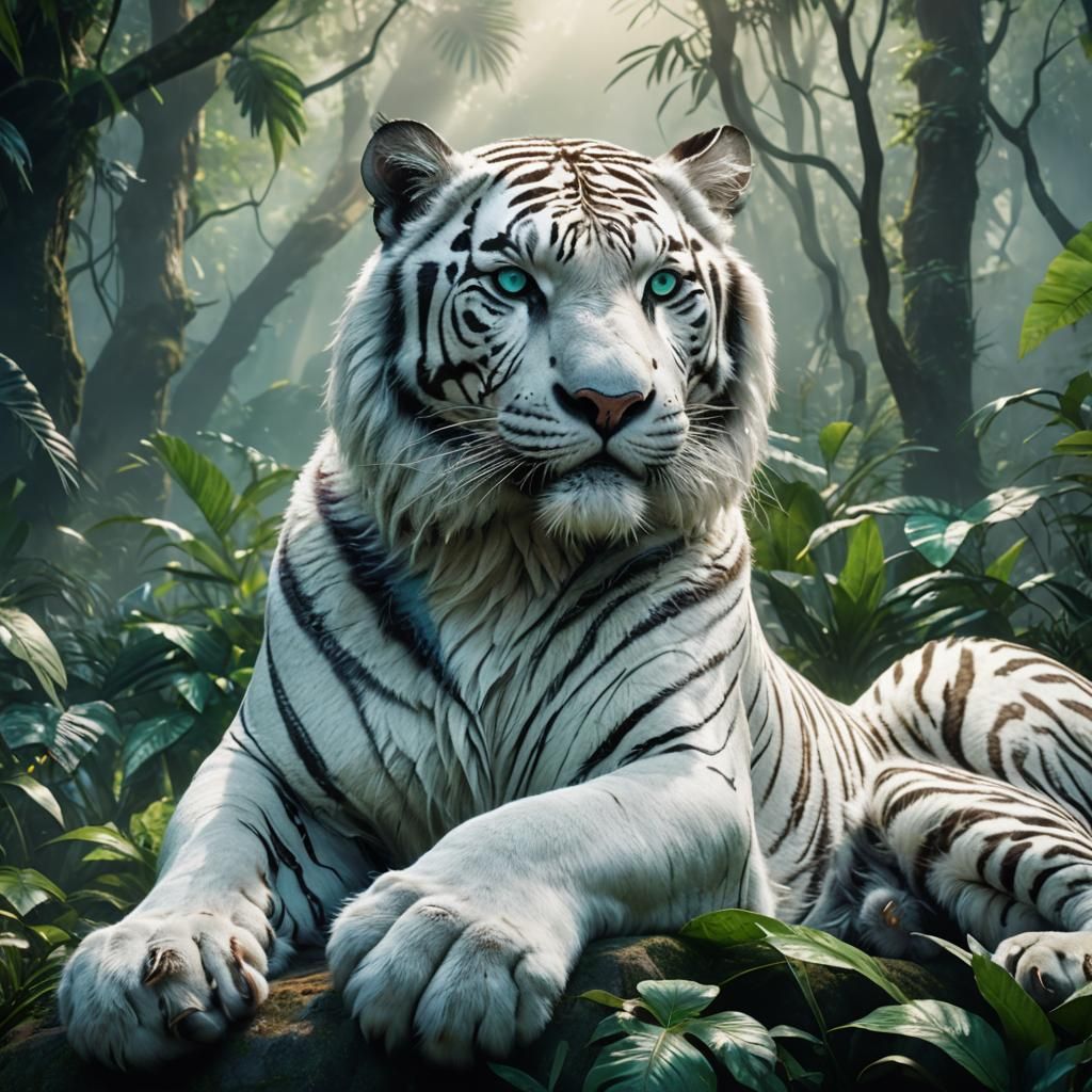 Majestic White Tiger-Lion Hybrid in Jungle