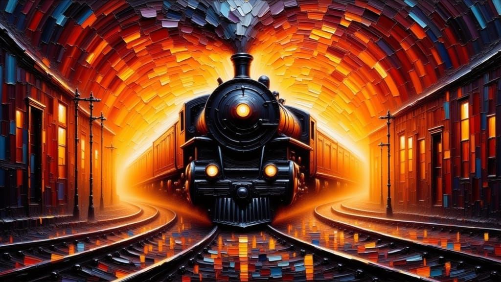 Sinister Black Train Emerging from Fiery Tunnel