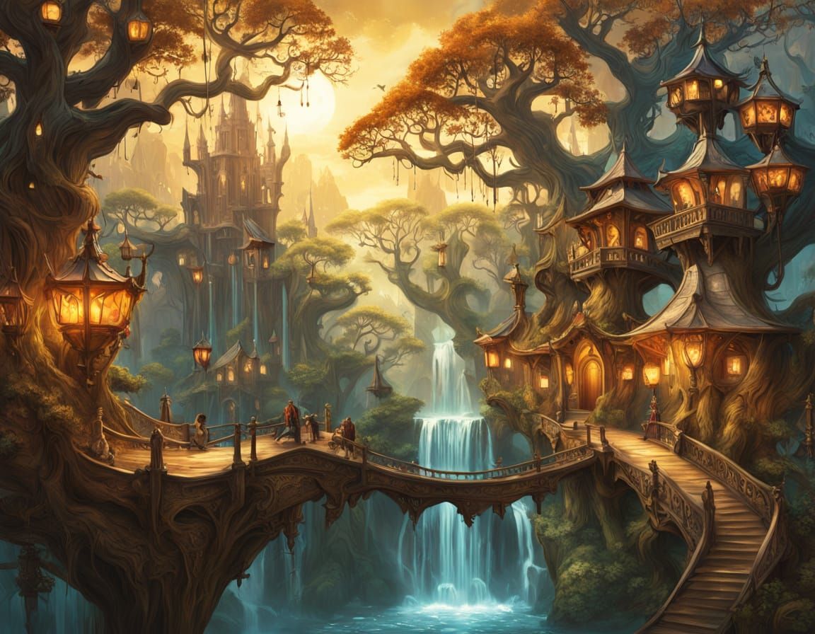 Elves In An Oak Tree City, Whimsical Fantasy Art