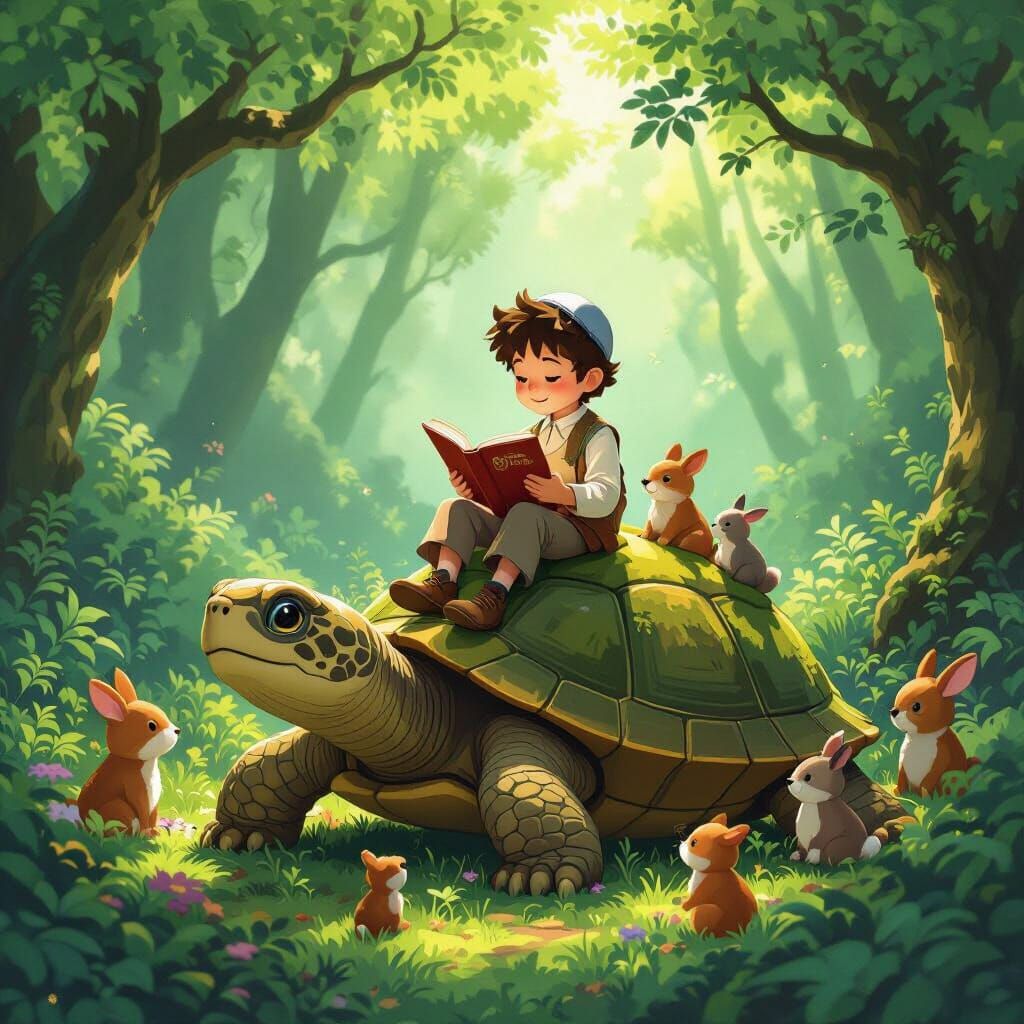 Boy Reads to Animals on Turtle, Ghibli Style