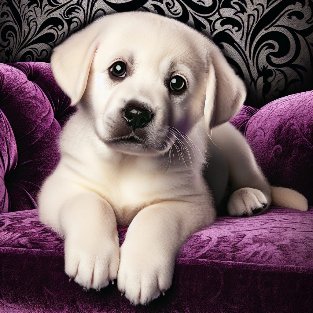 Cuddly Puppy Relaxing on Elegant Violet Couch