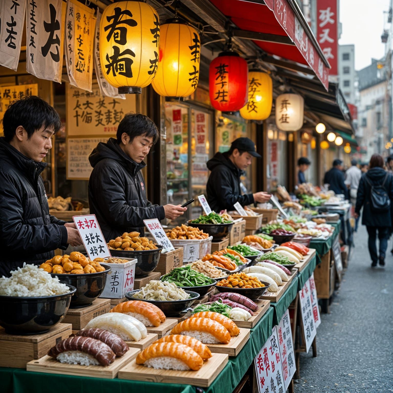 Vibrant Japanese Street Food Market Scene