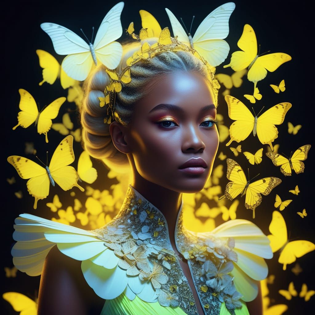 Blonde Princess in Neon Butterfly Dress, Elegant Fashion Ill...