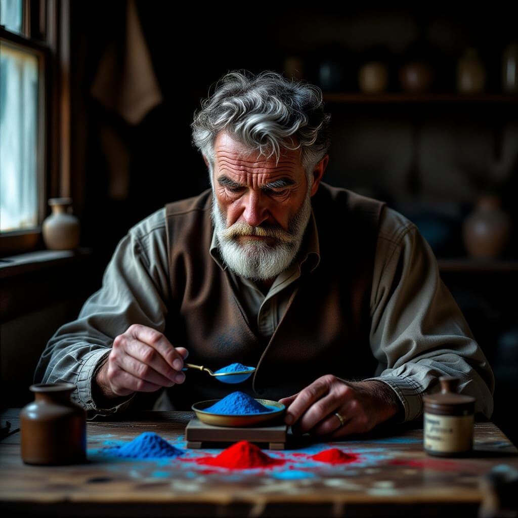 Elderly Man Measures Powders with Vintage Scale