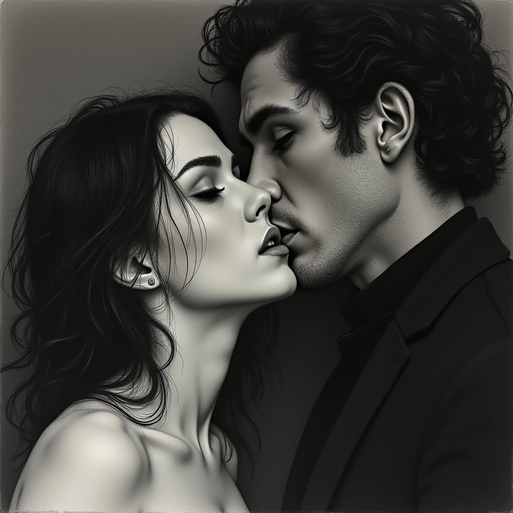 Ominous Vampire Kiss in Dark Charcoal Drawing