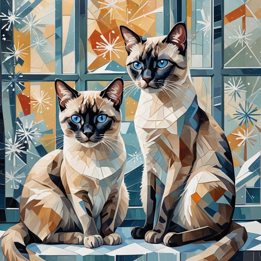 Siamese Cats in Cubist Snowstorm Painting