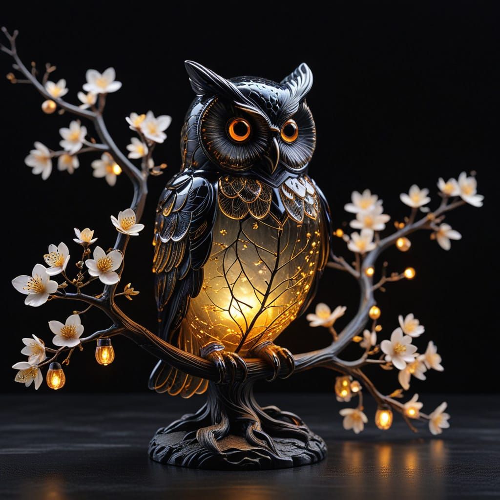 Glass Owl Sculpture with Lantern Tree