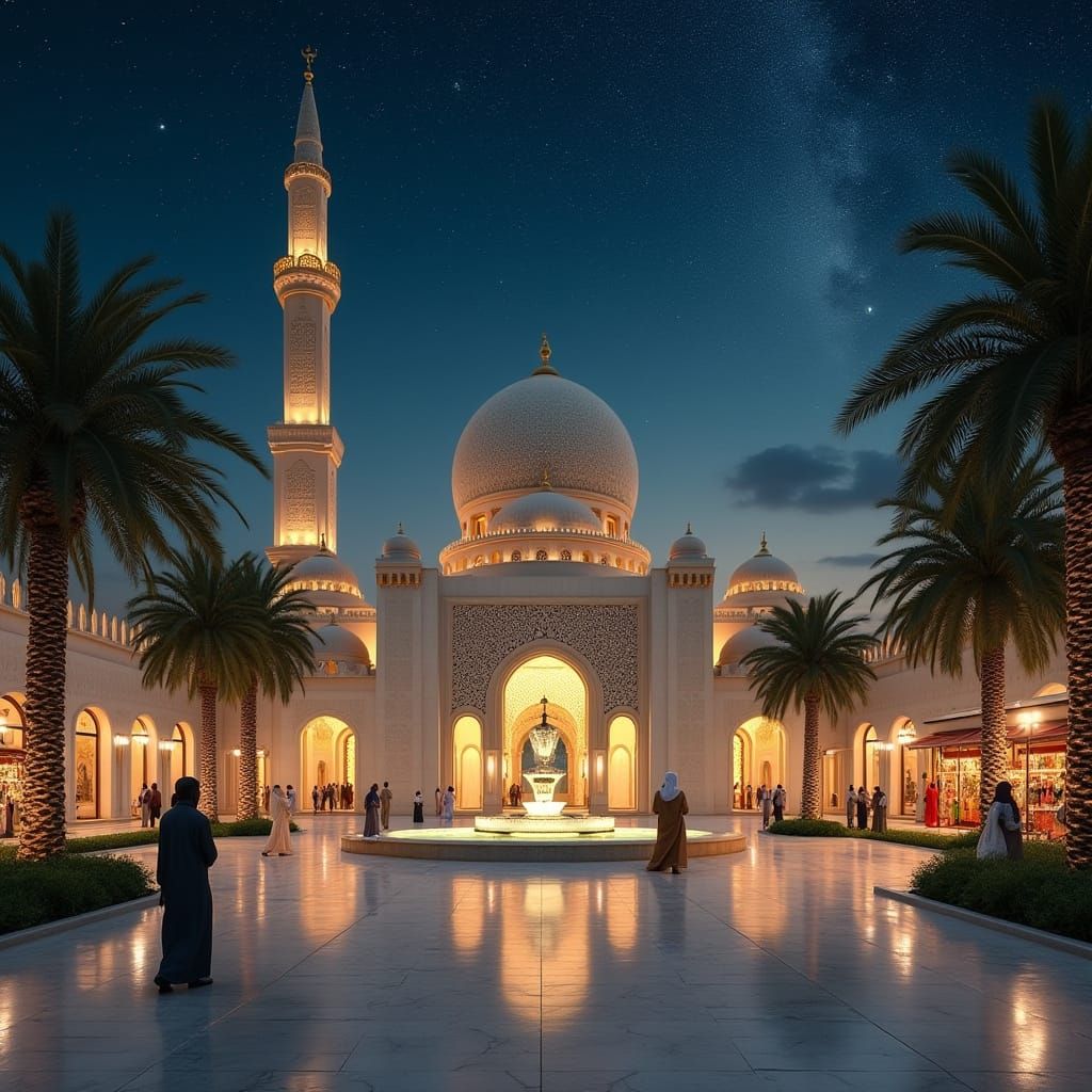 Elegant Arabic-Style Mosque Under Starry Night Sky