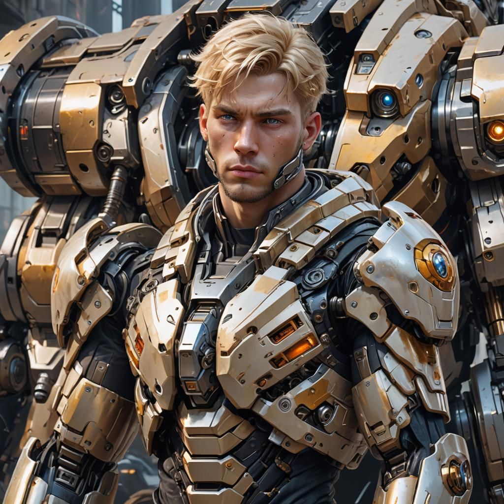 Handsome Cyborg Pilot Leans on Battle-Mech