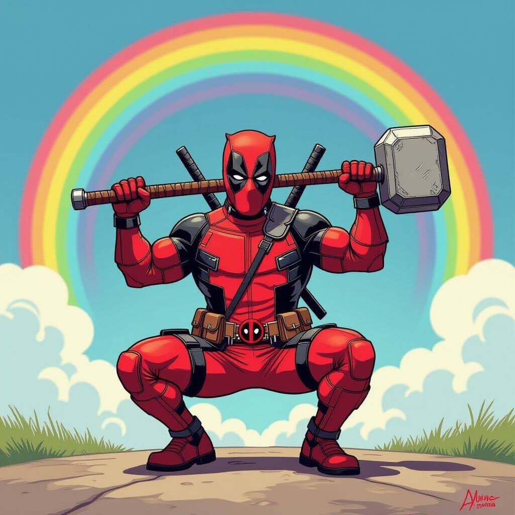 Deadpool Struggles with Mjolnir in Cartoon Style