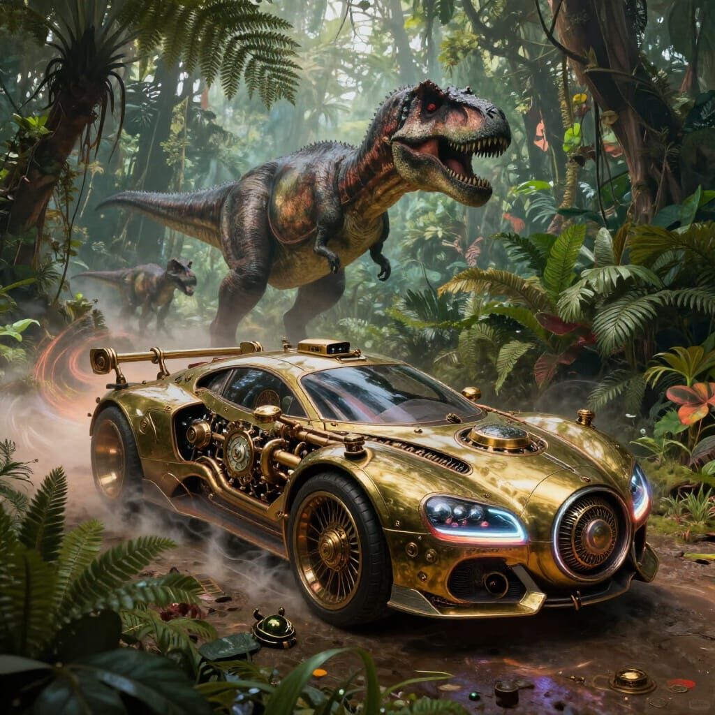 Cyberpunk Steampunk Car in Prehistoric Jungle