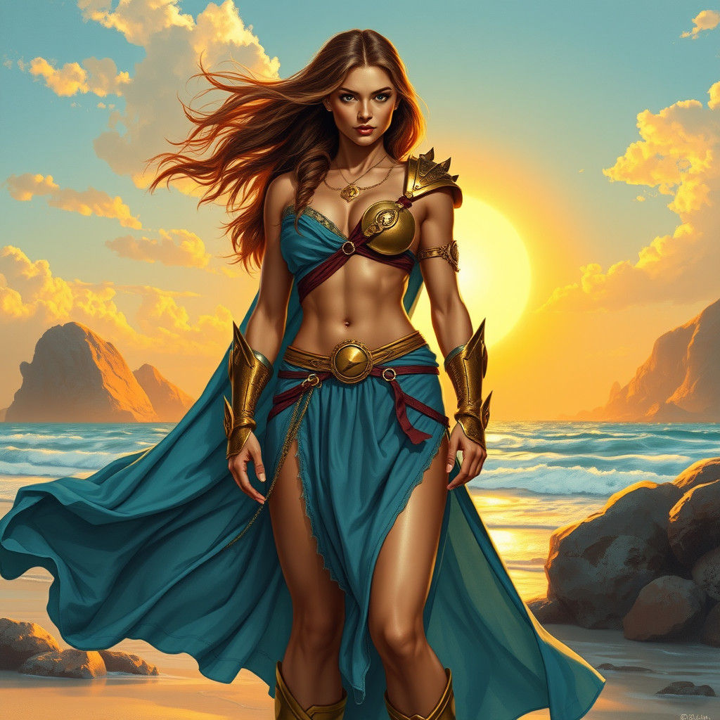 Heroic Warrior Woman on Beach in Fantasy Style