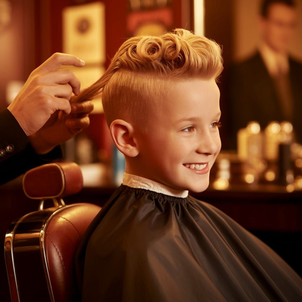 Charming Retro Barbershop Boy Receives Elegant Curly Bun