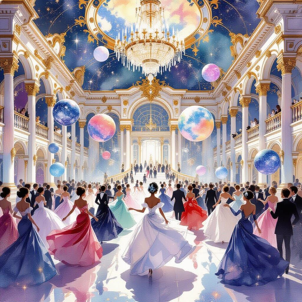 Baroque Ballroom Dance on Floating Islands in Watercolor Sty...