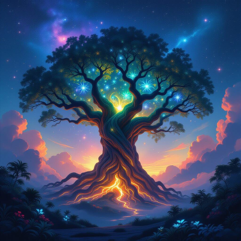 Ancient Cosmic Tree in Nebula Sky