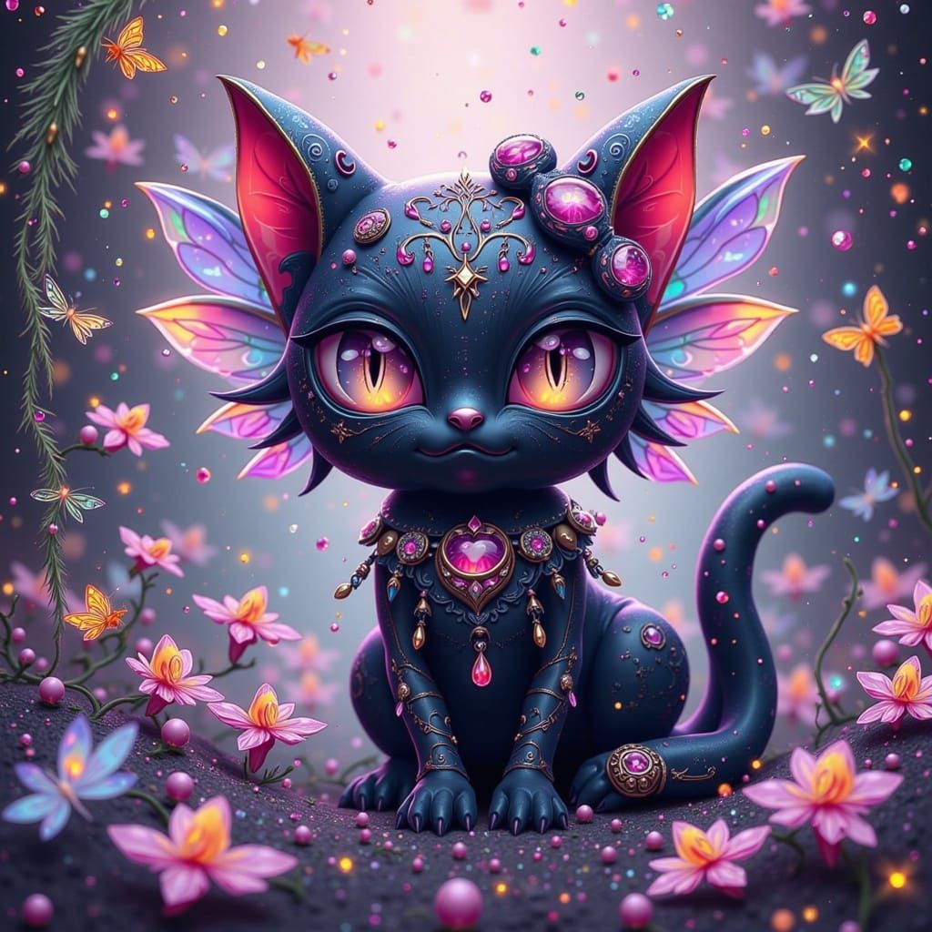 Whimsical Goth Cat in Vibrant Cutecore Style
