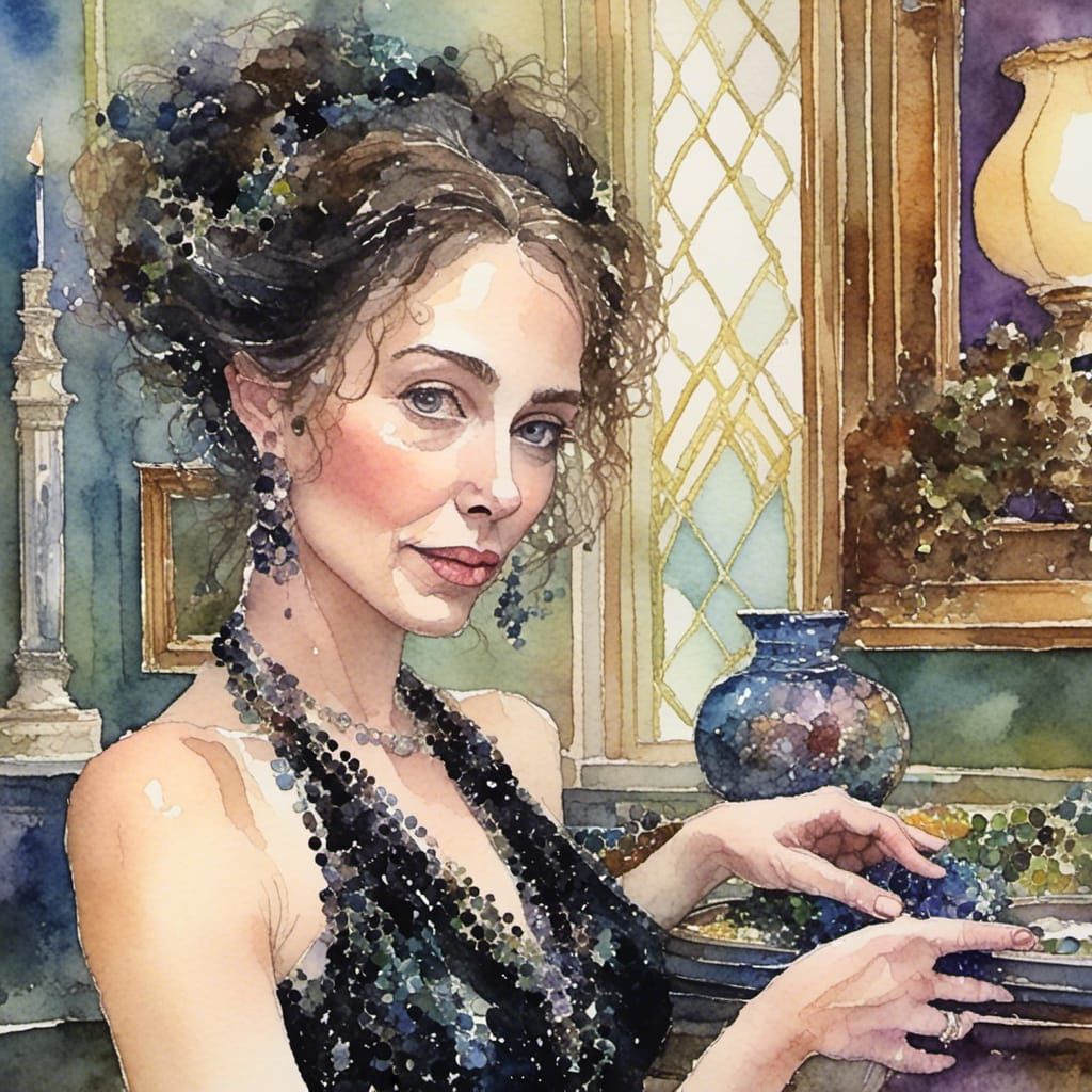 Elegant Woman in Evening Gown Doing Housework