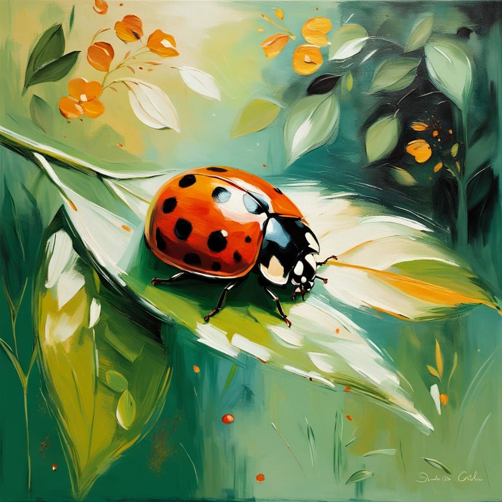 Ladybug in Serene Oil Painting Style