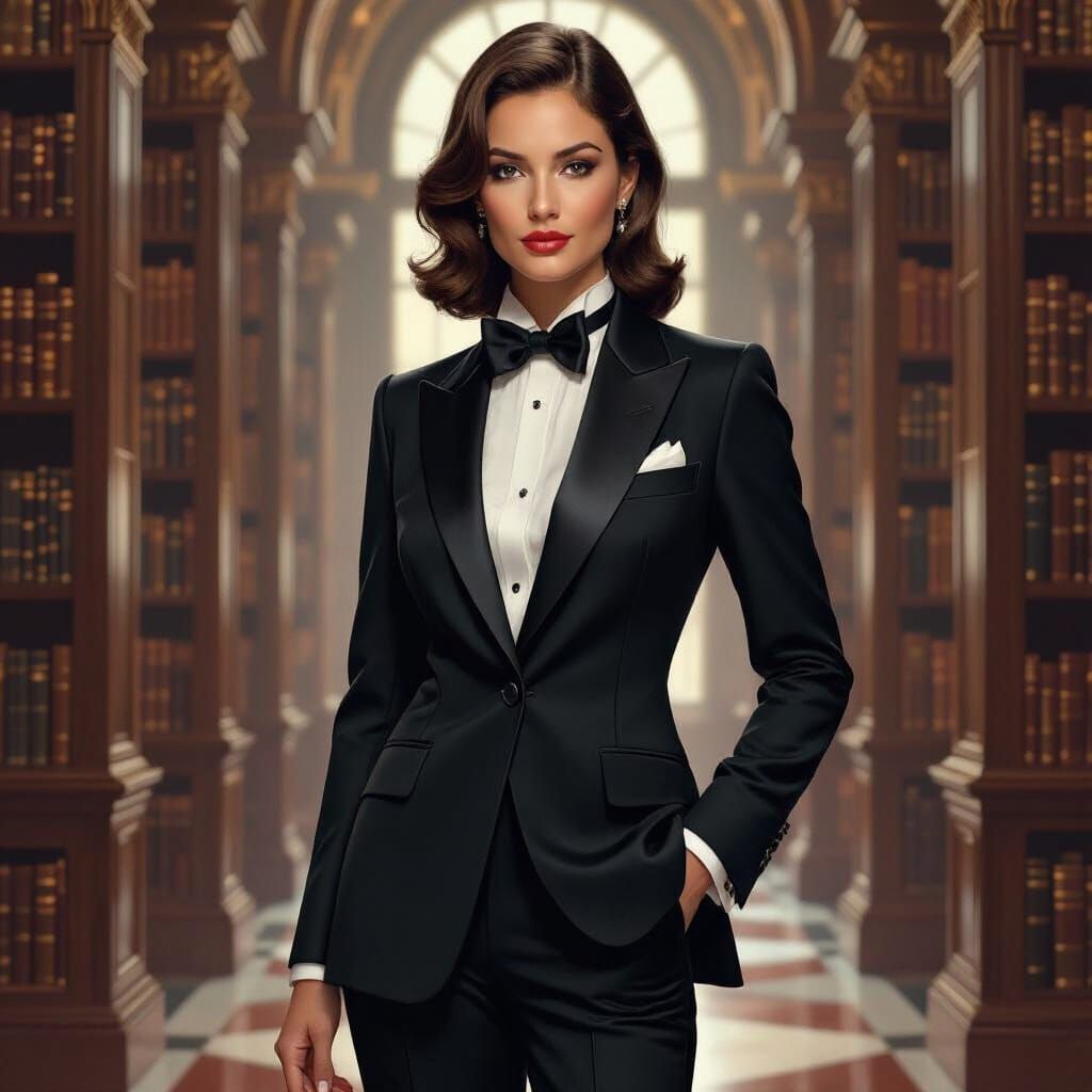 Elegant Woman in Library: Art Deco Digital Painting