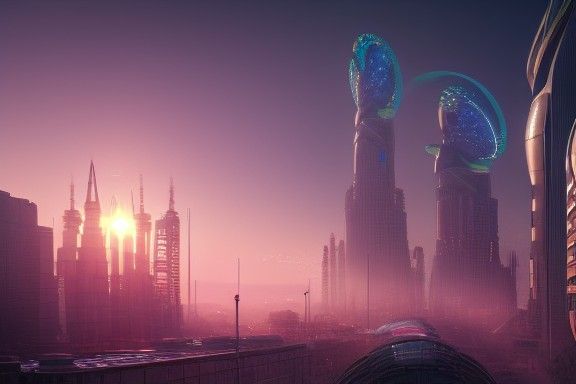 Iridescent Solarpunk City at Sunrise in 3D