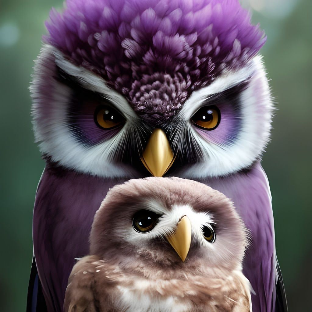 Adorable Purple Owls Portrait: Digital Art