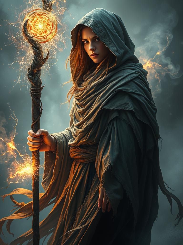 Mystical Figure with Glowing Staff and Artifact