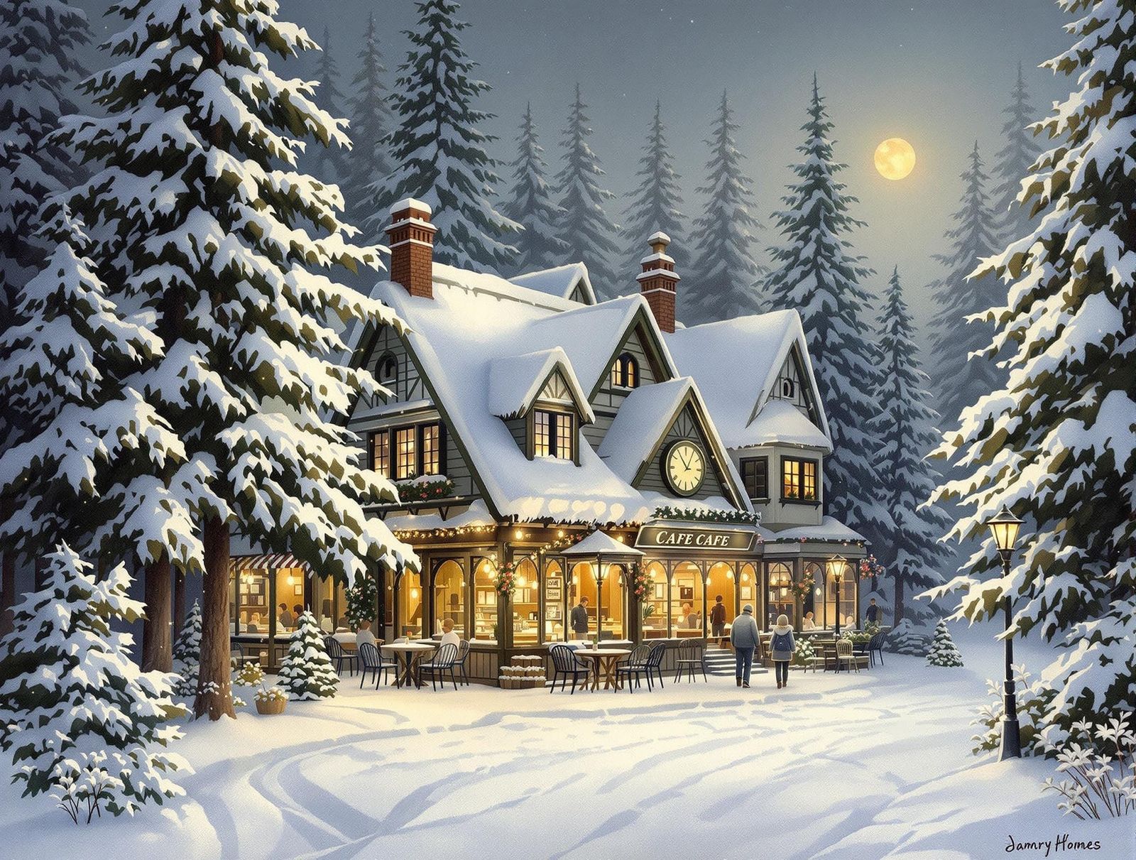 Whimsical Snowy Cafe in Enchanting Winter Wonderland