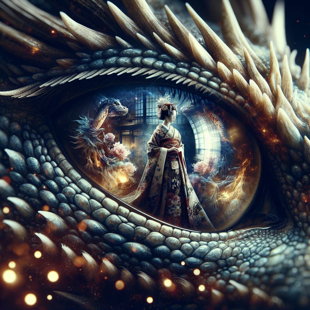 Dragon eye with reflection of a Geisha