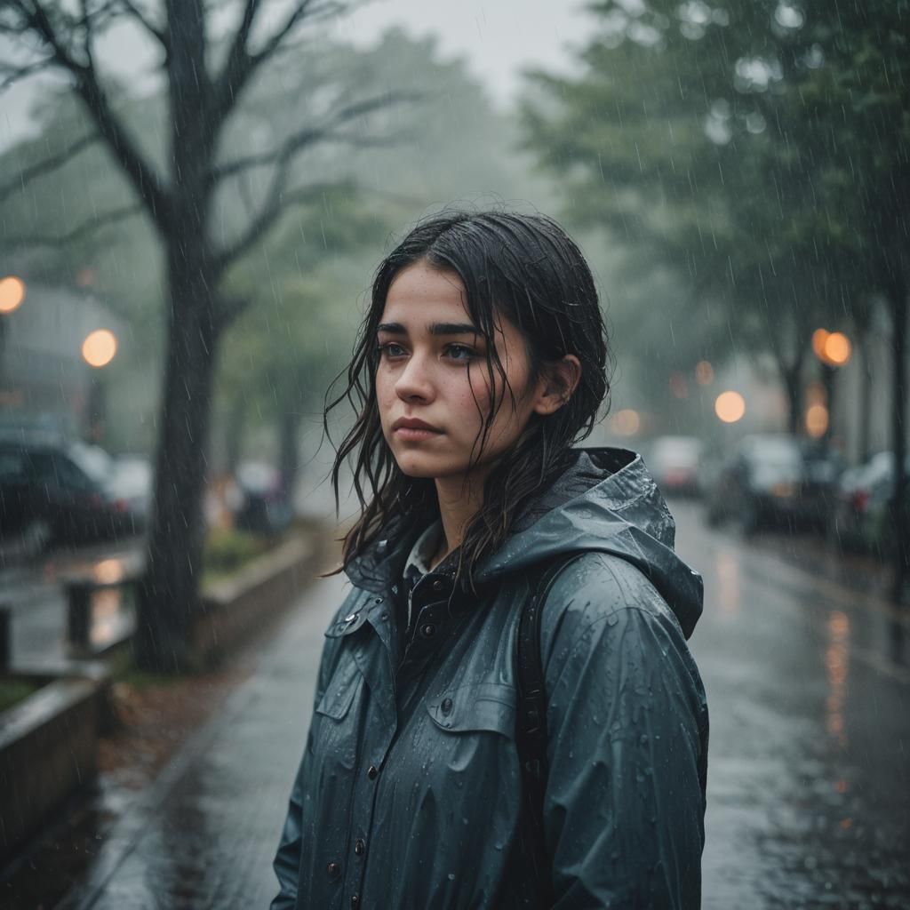 Moody Portrait of Woman in Rain with Bokeh