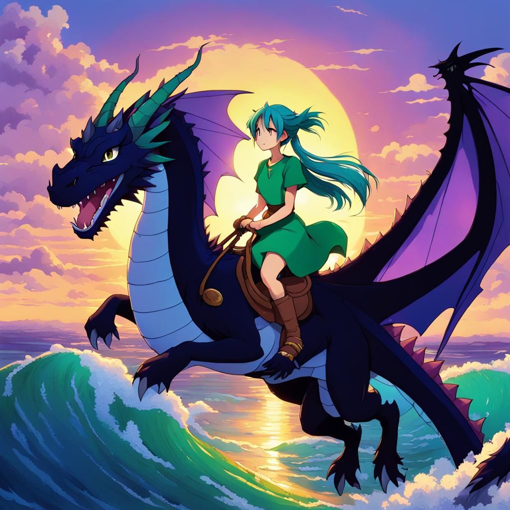 Girl Rides Black Dragon in Anime Style