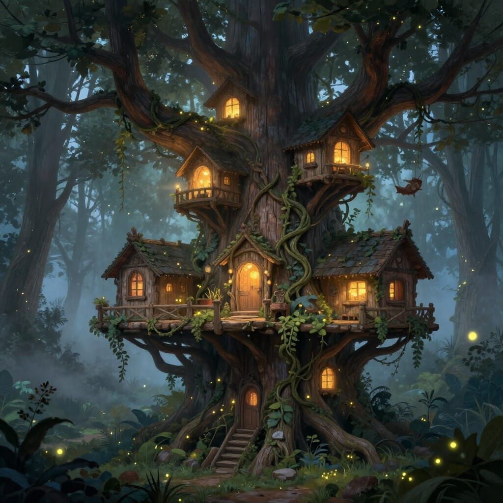 Elven Sanctuary in Giant Wooden Boughs, Magical Light