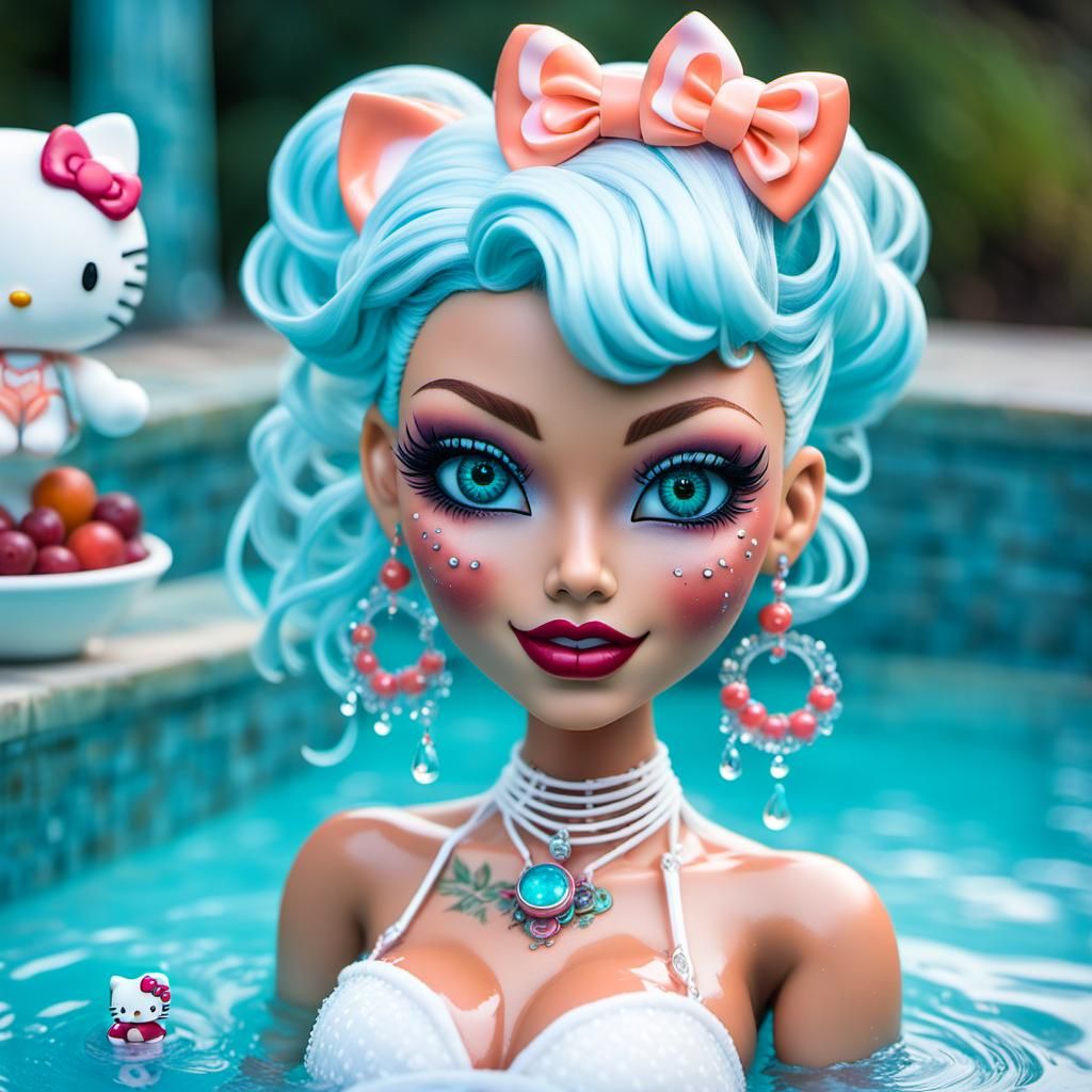 Whimsical sugar plum, glowing icy blue eyes, Female Grogu twins mixed with Hello Kitty sisters dripping wet with milk fo...