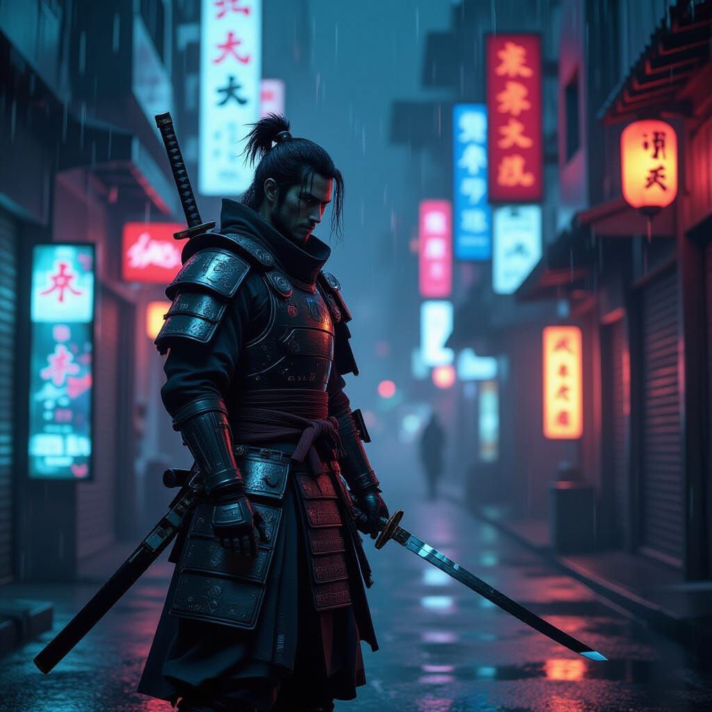 Cyberpunk Samurai Guarding Rainy Alley